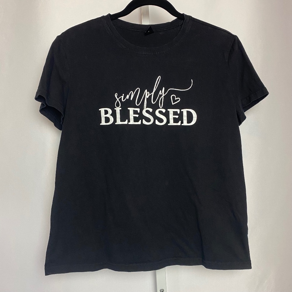 💙5/$15 Shein Womenʻs Black | White "Simply Blessed" T-Shirt Medium